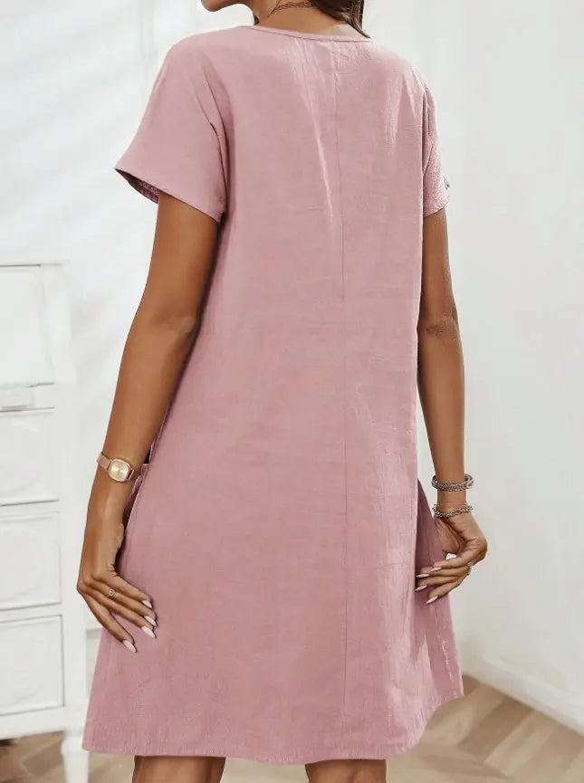 Summer Casual Zipper Half-Placket Button Decor Double Pocket Short Sleeve Dress Lady T Fashions