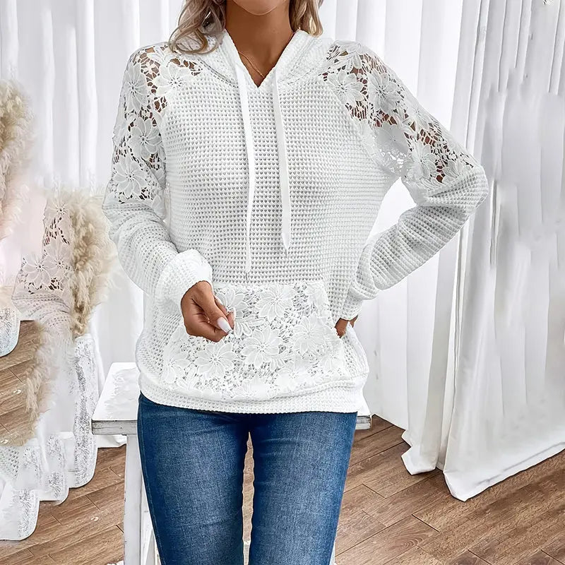 Women's Solid Color Casual Hooded Sweatshirt With Lace-Trimmed Sheer Sleeves & Large Lace Pockets, Pullover Hoodie Lady T Fashions