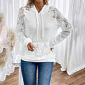 Women's Solid Color Casual Hooded Sweatshirt With Lace-Trimmed Sheer Sleeves & Large Lace Pockets, Pullover Hoodie Lady T Fashions