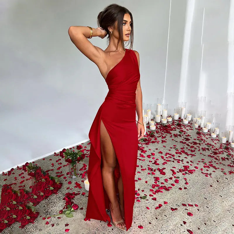 Sexy One-shoulder Backless Slit Dress Summer Elegant Slim-fit Solid Color Satin Dresses For Women Lady T Fashions