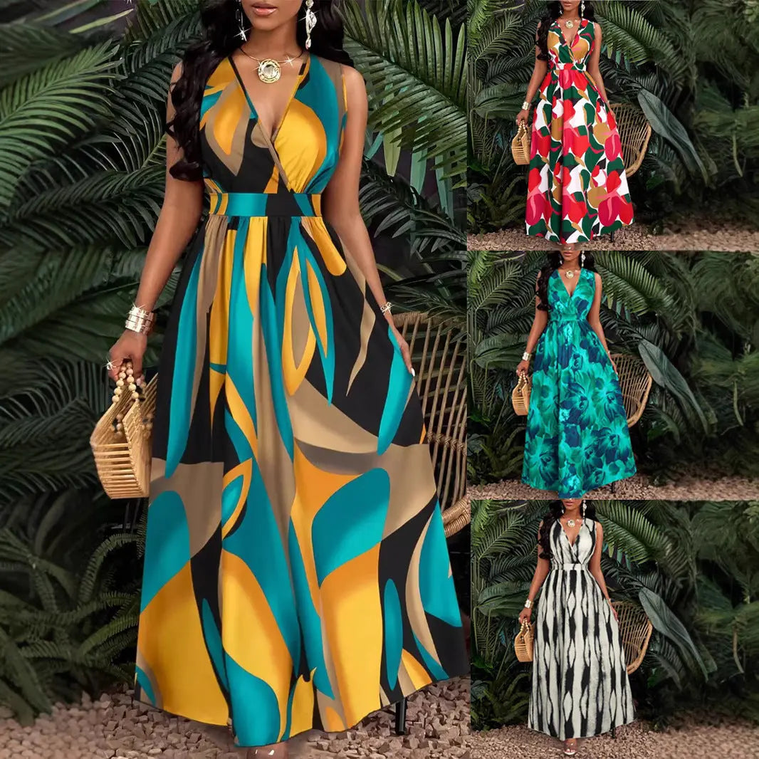 Tropical Printing V-neck Waist Twist Knitted Slim Fit Flare Skirt Lady T Fashions