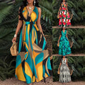 Tropical Printing V-neck Waist Twist Knitted Slim Fit Flare Skirt Lady T Fashions