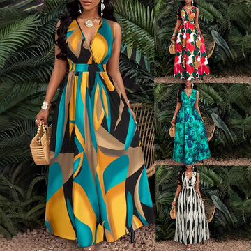 Tropical Printing V-neck Waist Twist Knitted Slim Fit Flare Skirt Lady T Fashions