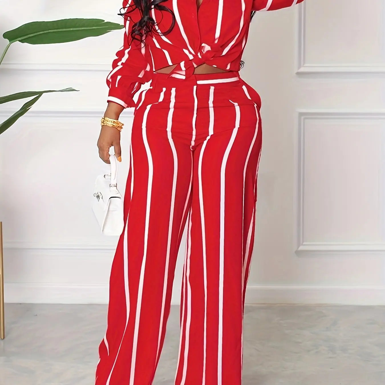 [Two-piece Set Long Sleeve Shirt] Striped Print Two-piece Set, Button Front Collar Long Sleeve Shirt & High Waist Wide Leg Loose Pants Set, Women's Clothing Lady T Fashions