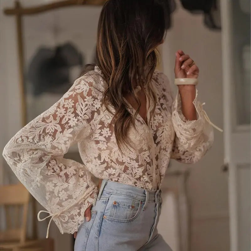 Women's Solid Color V-Neck Long Sleeve Blouse Floral Lace Embroidery Ruffled Neckline & Cuffs Drawstring Sleeves Button Front Semi-Sheer Elegant Summer Top Lady T Fashions