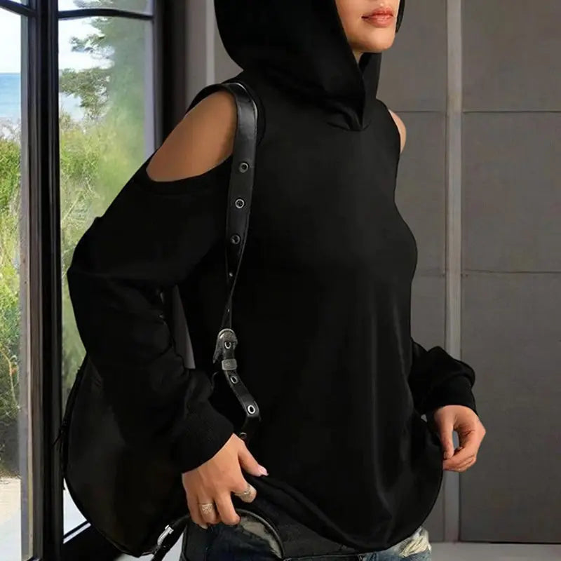Women's Solid Color Long Sleeve Off-Shoulder Hoodie - Spring & Summer Fashion Casual Pullover Top Lady T Fashions