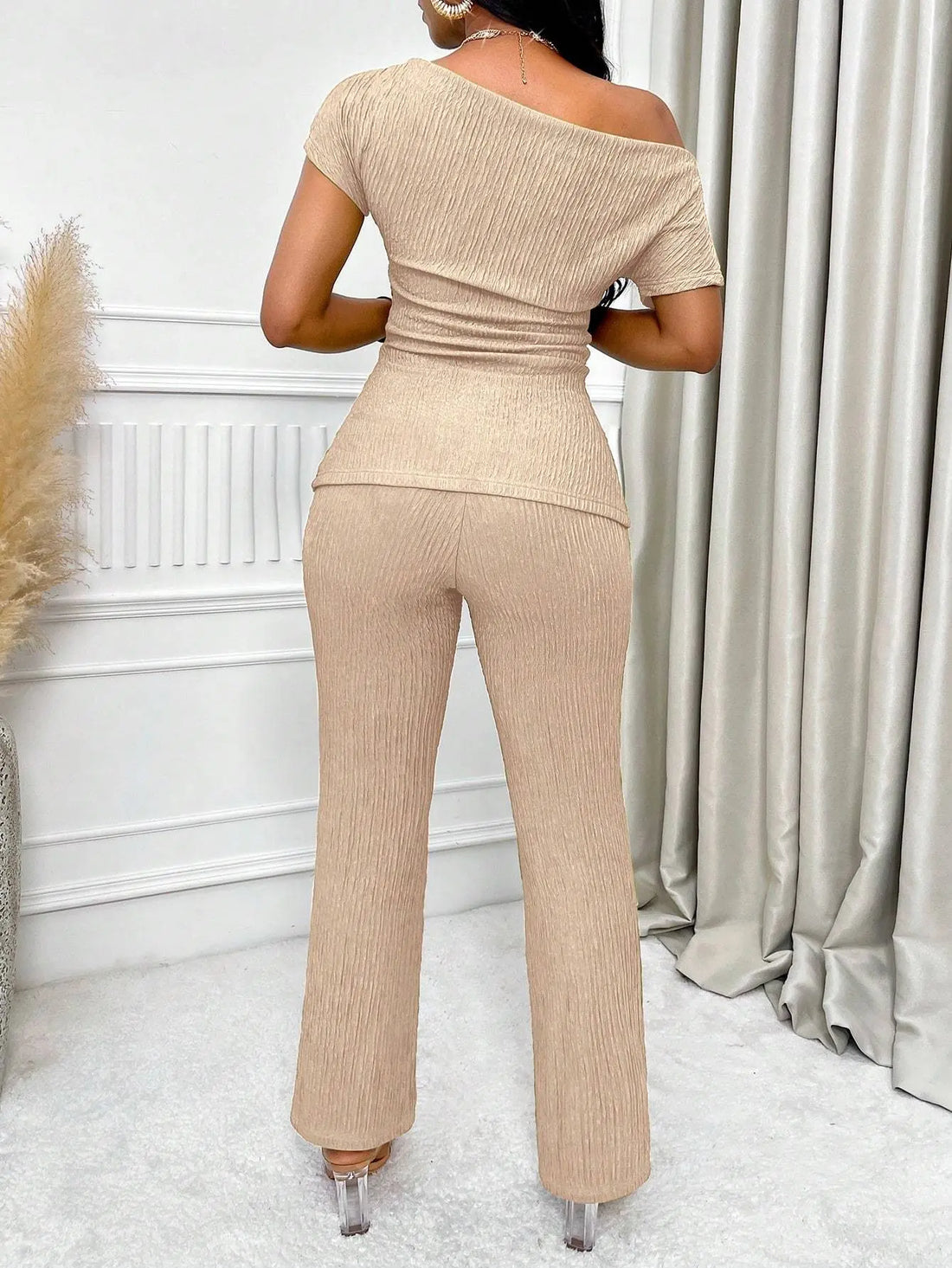 Neck Split Hem Ruched Top & Flare Leg Pants Lady T Fashions