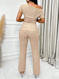 Neck Split Hem Ruched Top & Flare Leg Pants Lady T Fashions