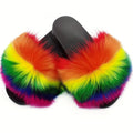 Women's Rainbow Fur Slippers, Comfortable Open Toe Slip On House Shoes, Women's Fashion Slippers Lady T Fashions