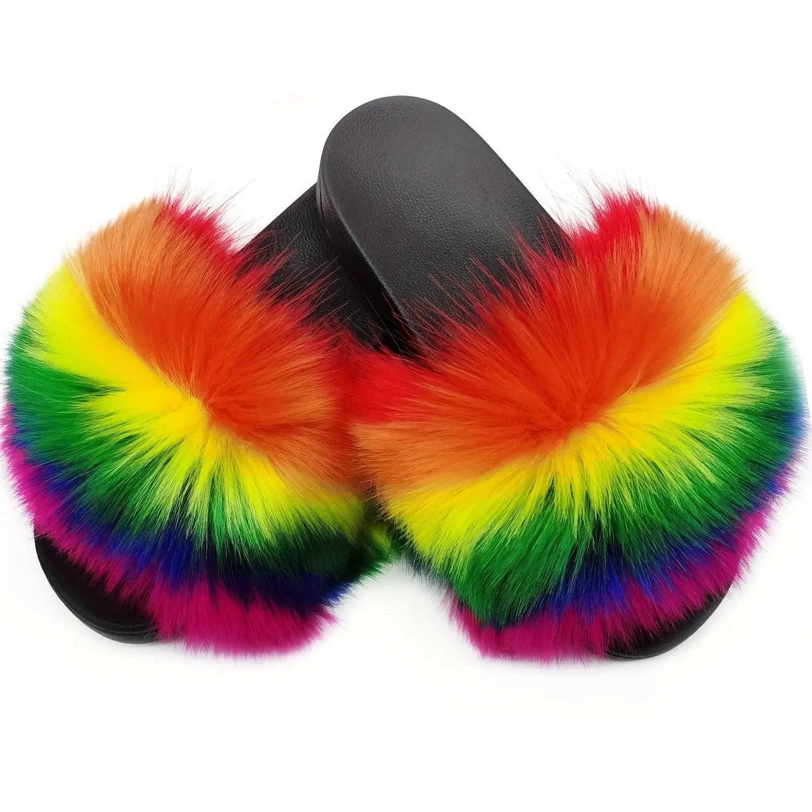 Women's Rainbow Fur Slippers, Comfortable Open Toe Slip On House Shoes, Women's Fashion Slippers Lady T Fashions