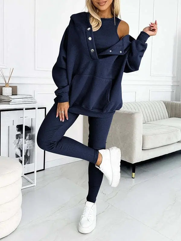 Athleisure Hoodie With Thick Thread Slim-fit Vest Pants Three Pieces Set Lady T Fashions