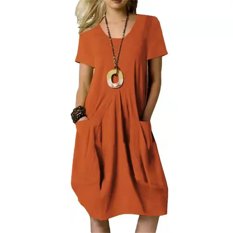 Cotton And Linen Solid Color Loose Round Neck Short Sleeve Dress Lady T Fashions