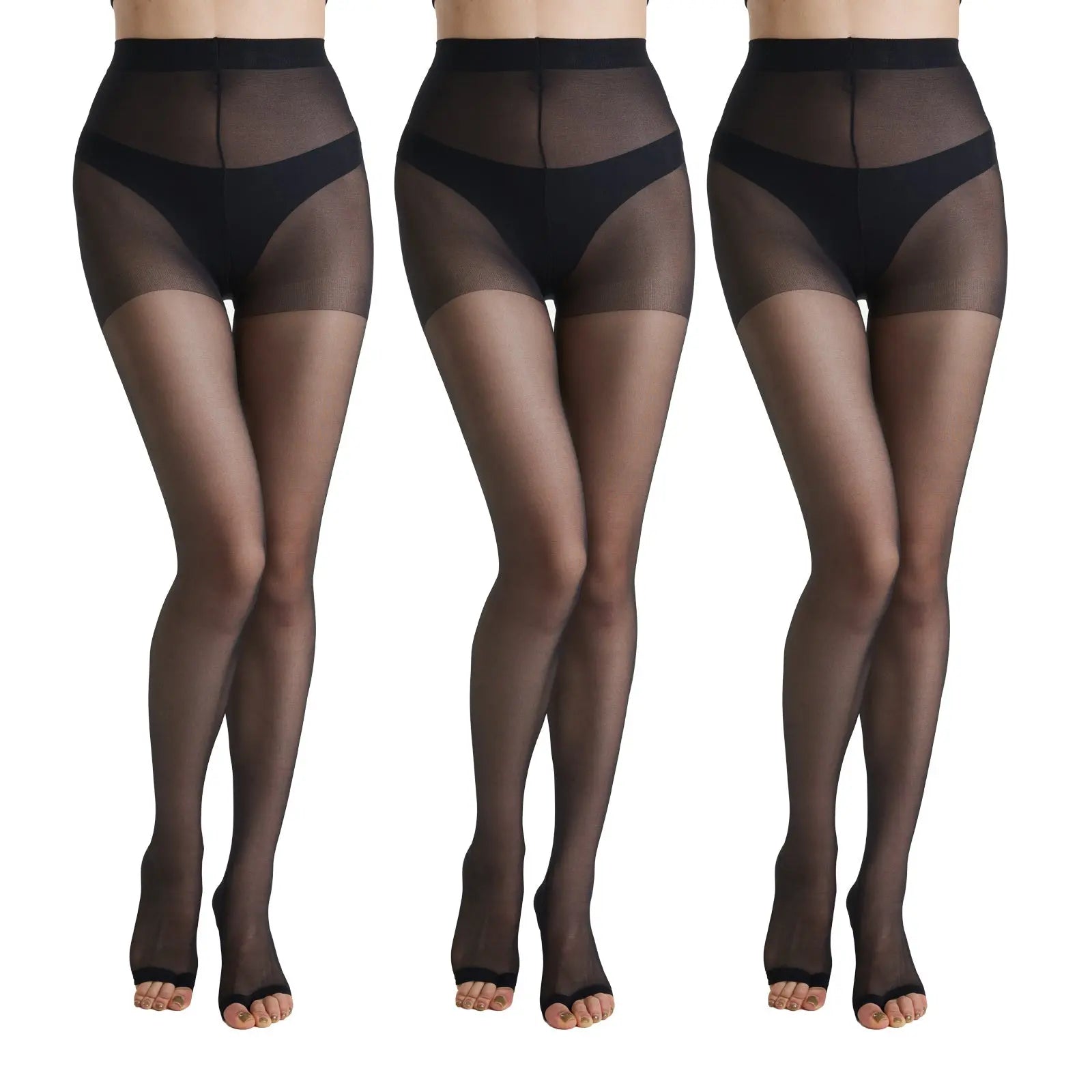 3 Pairs Womens 20D Ultra Toeless Sheer Tights Open Toe Control Top Pantyhose Lady T Fashions