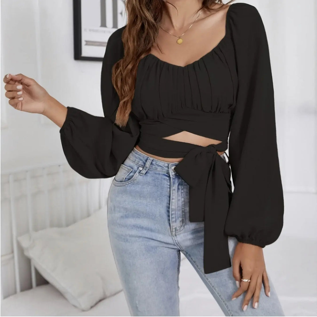 Ladies' Fashionable And Sexy Long Sleeved Lace Up Short Top Korean Retro Slim Fit Bubble Sleeve Personalized Square Neck Shirt Solid Color Slimming Lady T Fashions