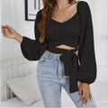 Ladies' Fashionable And Sexy Long Sleeved Lace Up Short Top Korean Retro Slim Fit Bubble Sleeve Personalized Square Neck Shirt Solid Color Slimming Lady T Fashions