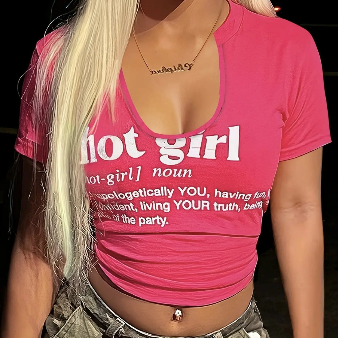 Women's U-neck Letter Printed Top, Casual And Fashionable T-shirt Top Lady T Fashions