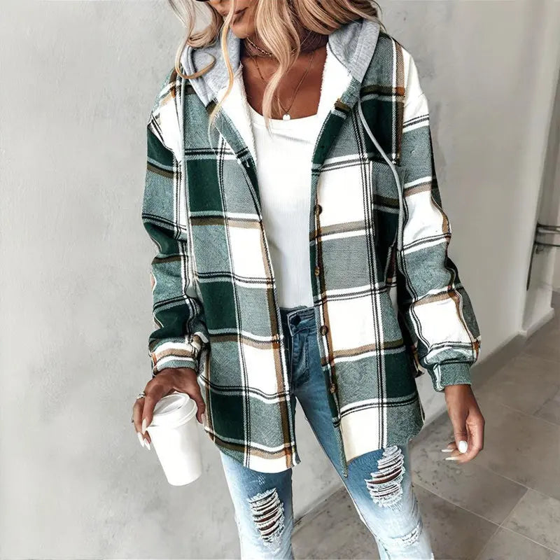 Women's Plaid Drawstring Hoodie Long Sleeve Shirt Button Front Casual Tops Spring&Fall Fashion Minimalist Style Lady T Fashions
