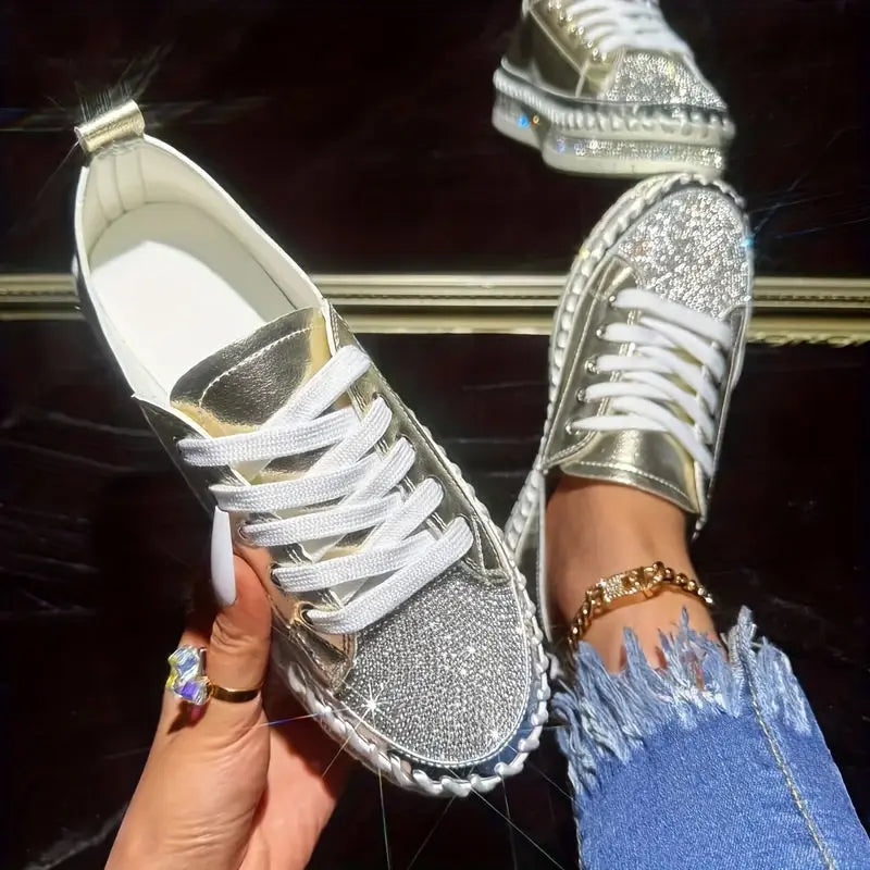Comfortable Low Top Rhinestone Decor Sneakers - Casual Lace Up Outdoor Shoes for Plus Size Women Lady T Fashions