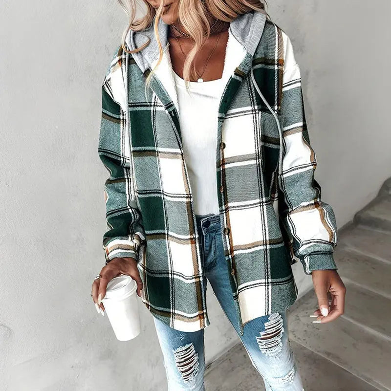 Women's Plaid Hoodie Long Sleeve Jacket Button Drawstring Casual Fall Shirts Shacket With Pocket Lady T Fashions