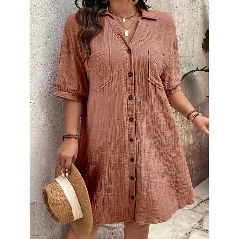 Womens Cotton Shirt Dress Summer Casual Short Sleeve Button Down V Neck Loose Mini Dress With Pockets Lady T Fashions