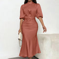 Women's Short Sleeve Mock Neck Ruched Midi Dress Slim Fit Elegant Party Dress Lady T Fashions
