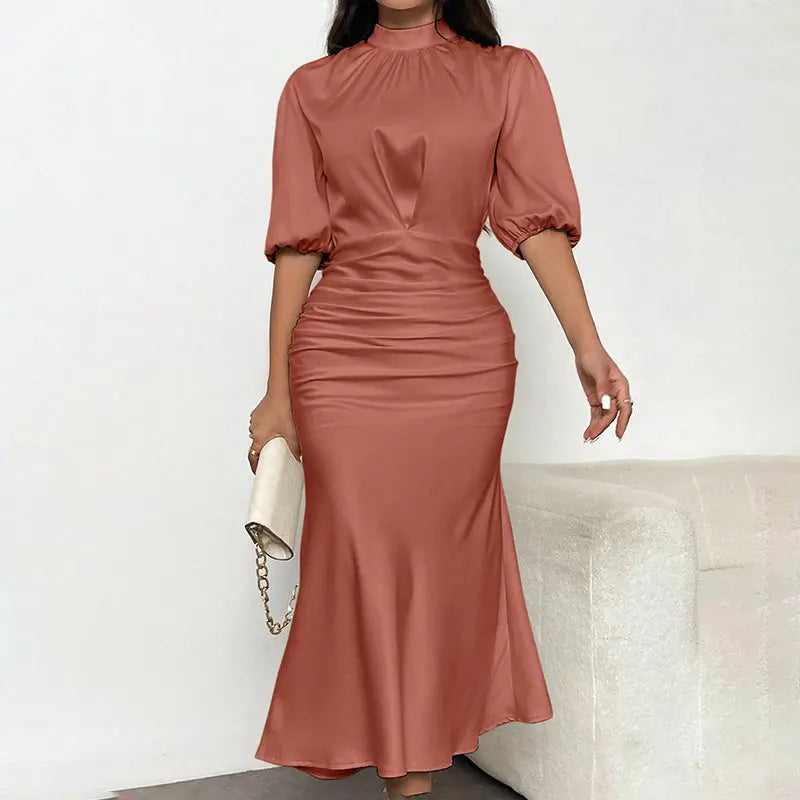 Women's Short Sleeve Mock Neck Ruched Midi Dress Slim Fit Elegant Party Dress Lady T Fashions