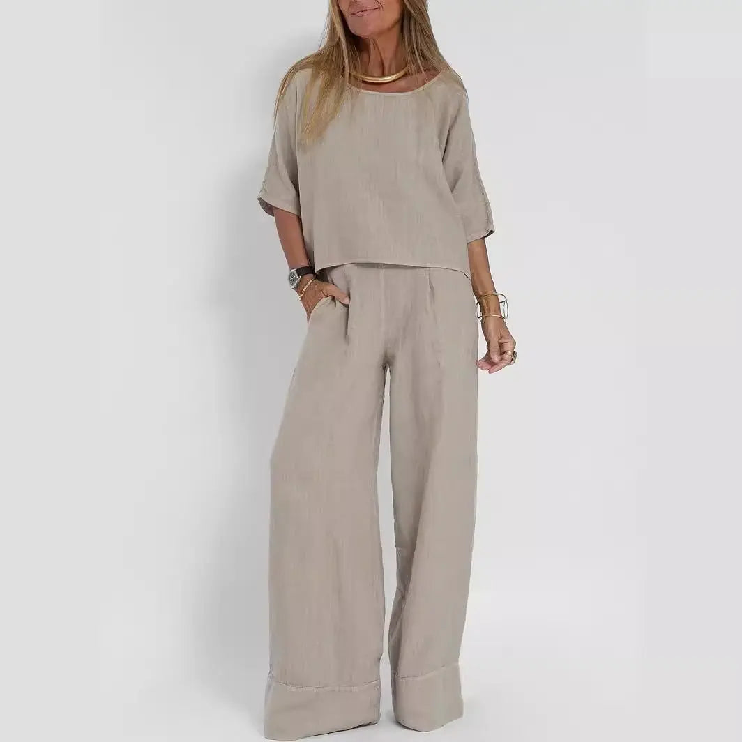 Women's Cotton And Linen Casual Cropped Sleeves Wide-leg Pants Suit Lady T Fashions