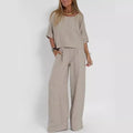 Women's Cotton And Linen Casual Cropped Sleeves Wide-leg Pants Suit Lady T Fashions