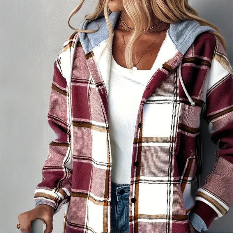 Women's Plaid Drawstring Hoodie Long Sleeve Shirt Button Front Casual Tops Spring&Fall Fashion Minimalist Style Lady T Fashions