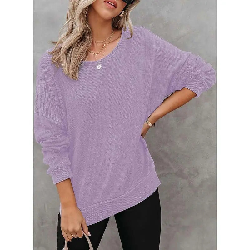 Womens Waffle Knit Crewneck Sweatshirts Long Sleeve Side Slits Casual Pullover Sweatshirt Tops Lady T Fashions