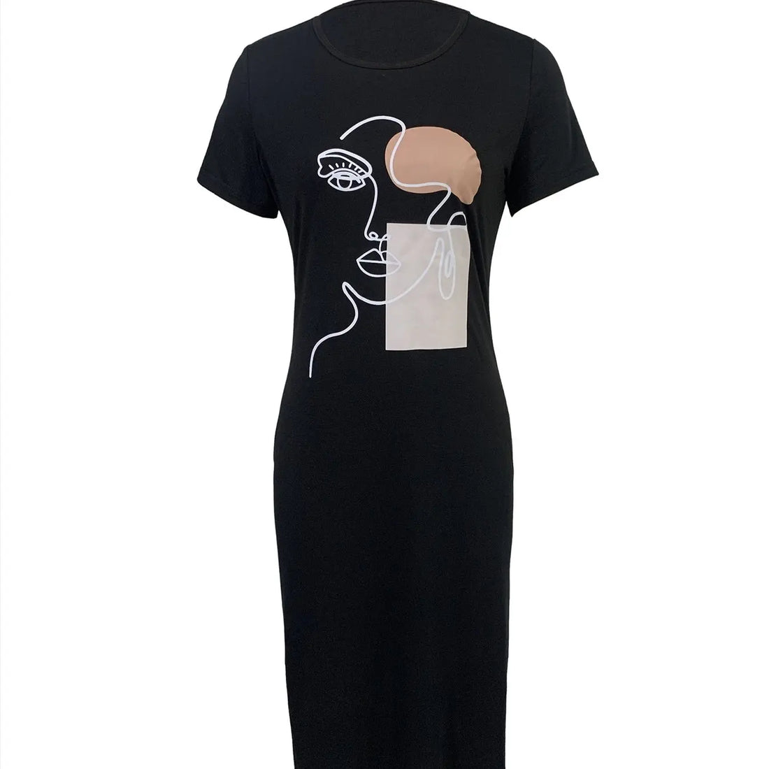 Women's Face Printed Round Neck Side Slit Dress Lady T Fashions