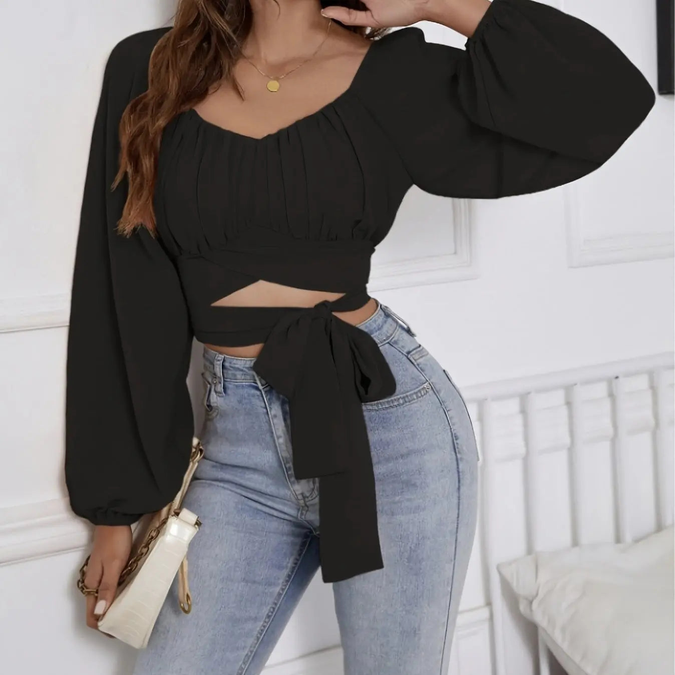 Ladies' Fashionable And Sexy Long Sleeved Lace Up Short Top Korean Retro Slim Fit Bubble Sleeve Personalized Square Neck Shirt Solid Color Slimming Lady T Fashions