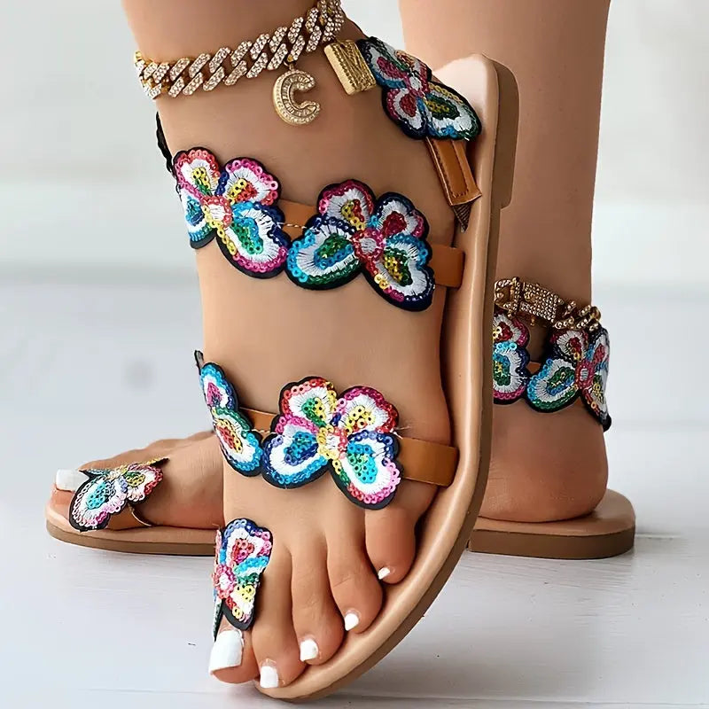 [Flowers Flat Women's Sandals] Women's Flowers Flat Sandals, Fashion Toe Loop Faux Pearl Slip On Shoes, Casual Beach Travel Sandals Lady T Fashions