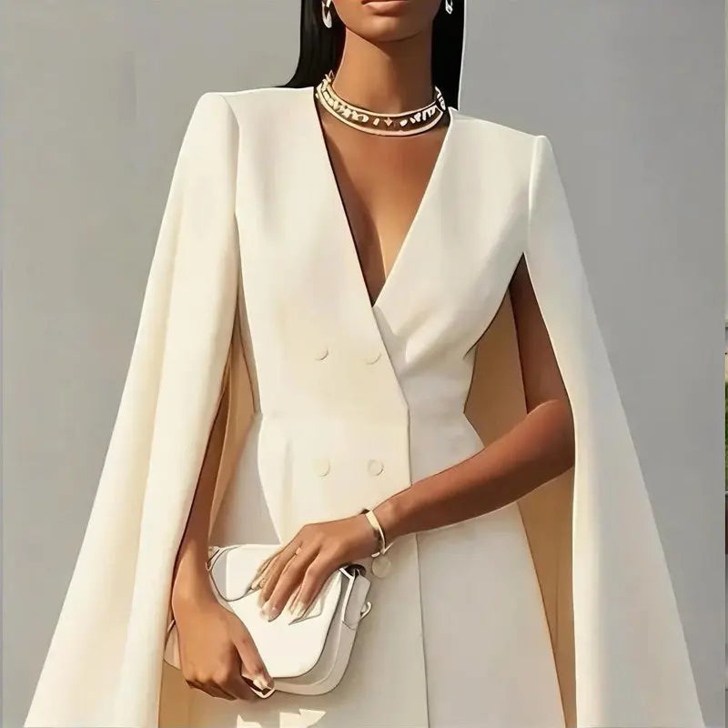 Women's Elegant Solid Color V Neck Double-Breasted Cape Blazer Dress Spring & Summer Party Banquet Outfit Lady T Fashions