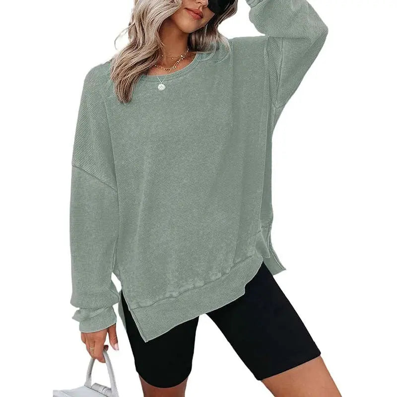 Womens Waffle Knit Crewneck Sweatshirts Long Sleeve Side Slits Casual Pullover Sweatshirt Tops Lady T Fashions