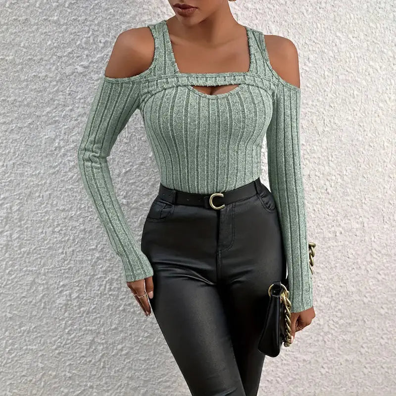 Women's Ribbed Long Sleeve Top Cut Out Front Detail Fitted Sexy Tee Casual Dressy T-Shirt Tops Lady T Fashions