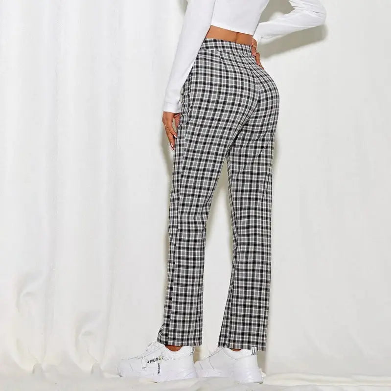 Mid-rise Plaid Print Temperament Commuting Literary Style Slightly Flared Wide-leg Pants Trousers Casual Pants Lady T Fashions