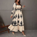 Elegant Women's Retro Geometric Print Lantern Sleeve Dress - Square Neck A-Line With Elastic Cuffs, Casual & Formal Dress Lady T Fashions