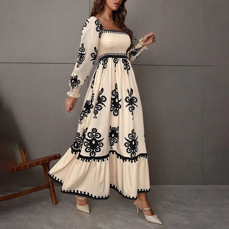 Elegant Women's Retro Geometric Print Lantern Sleeve Dress - Square Neck A-Line With Elastic Cuffs, Casual & Formal Dress Lady T Fashions