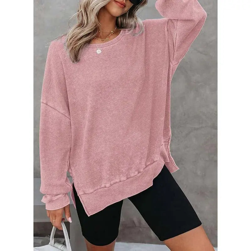 Womens Waffle Knit Crewneck Sweatshirts Long Sleeve Side Slits Casual Pullover Sweatshirt Tops Lady T Fashions
