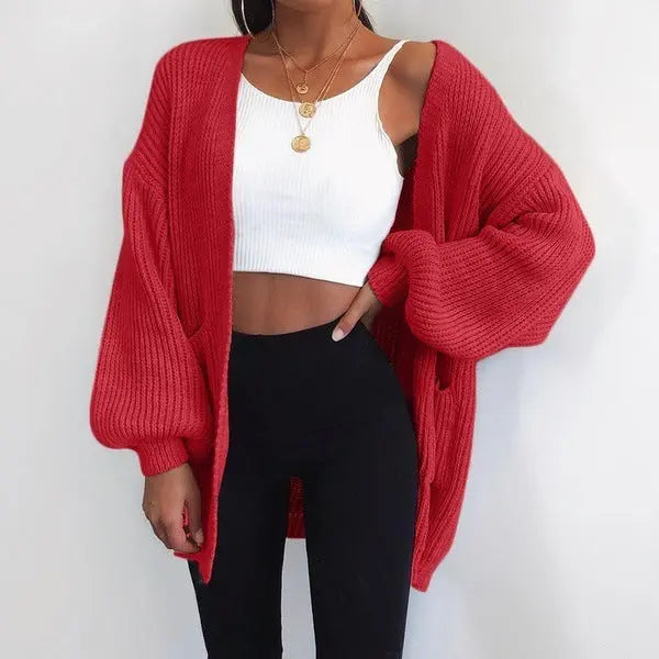 Solid color loose European and American sweater mid-length cardigan Lady T Fashions