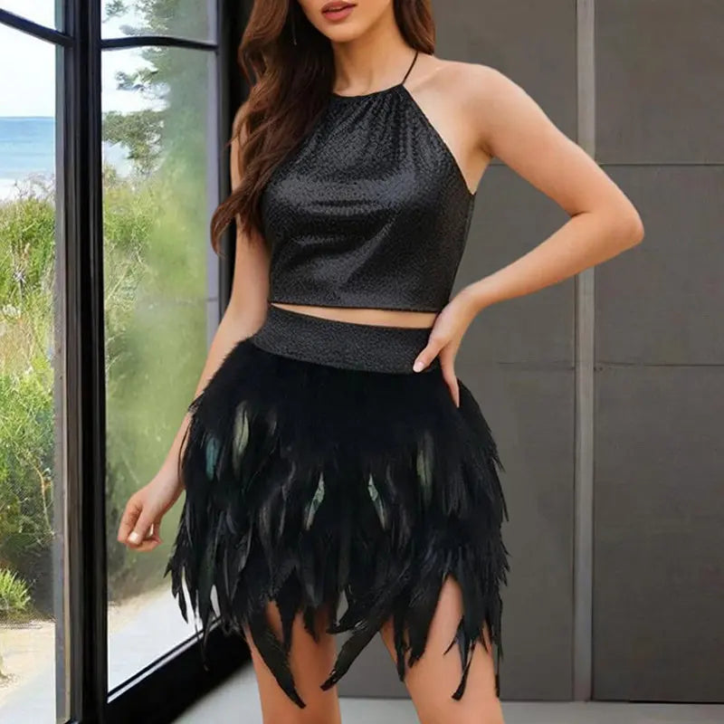 Women's Unique Faux Feather Asymmetrical Mini Skirt - Gothic Party Dance Skirt For Summer Events Lady T Fashions