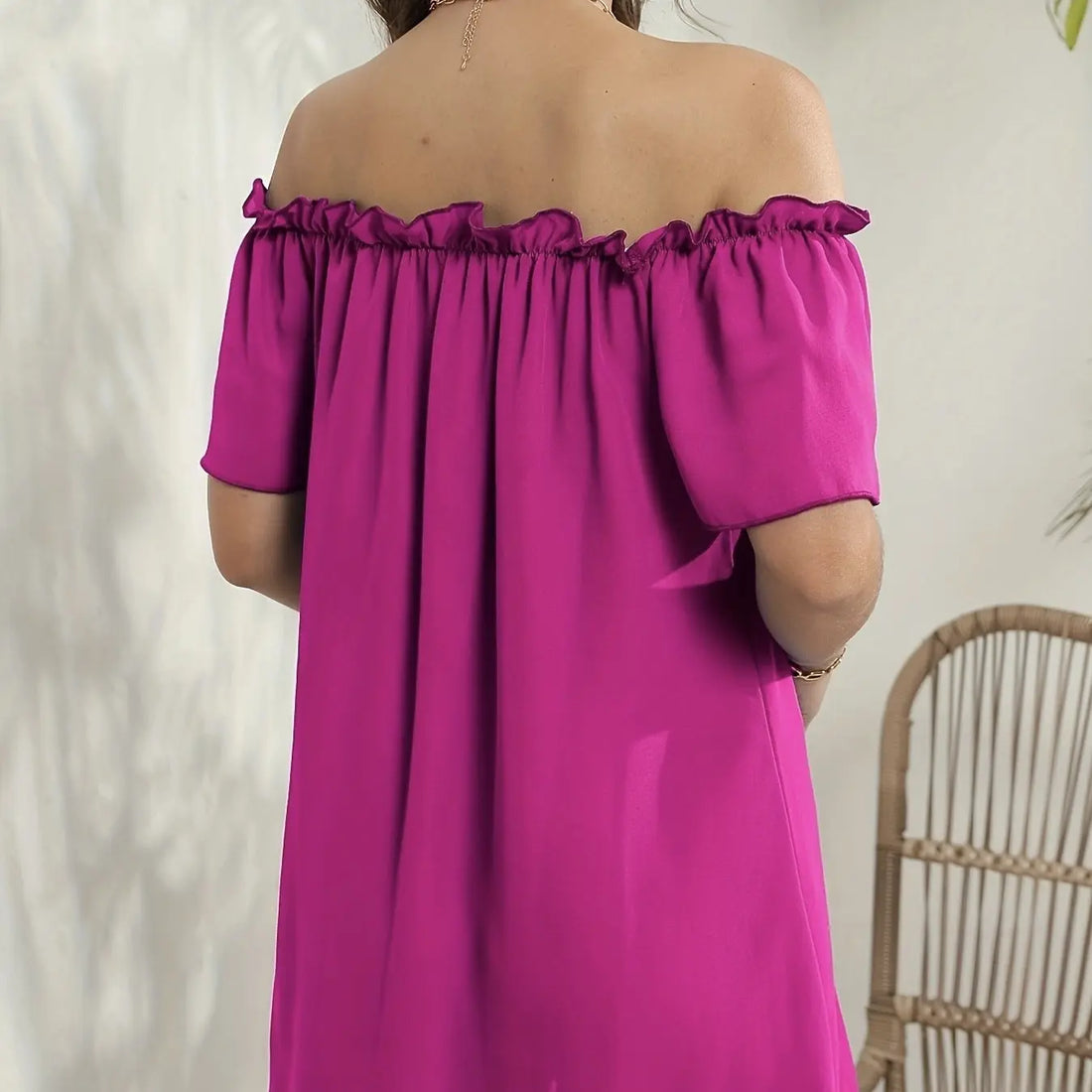 Ladies' Fashion Off Shoulder Ruffle Solid Color Decorative One Shoulder Casual Dress Lady T Fashions