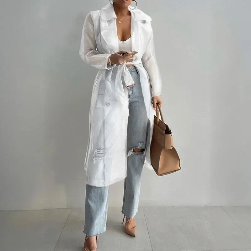 Women's Solid Color Half Sheer Long Sleeve Cardigan With Buttons & Belt - Lightweight Cover-Up For Summer Lady T Fashions