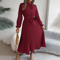 Elegant High Neck Long Sleeve Pleated Maxi Dress - Solid Color Flowy Dress For Women, Casual To Formal Wear Lady T Fashions