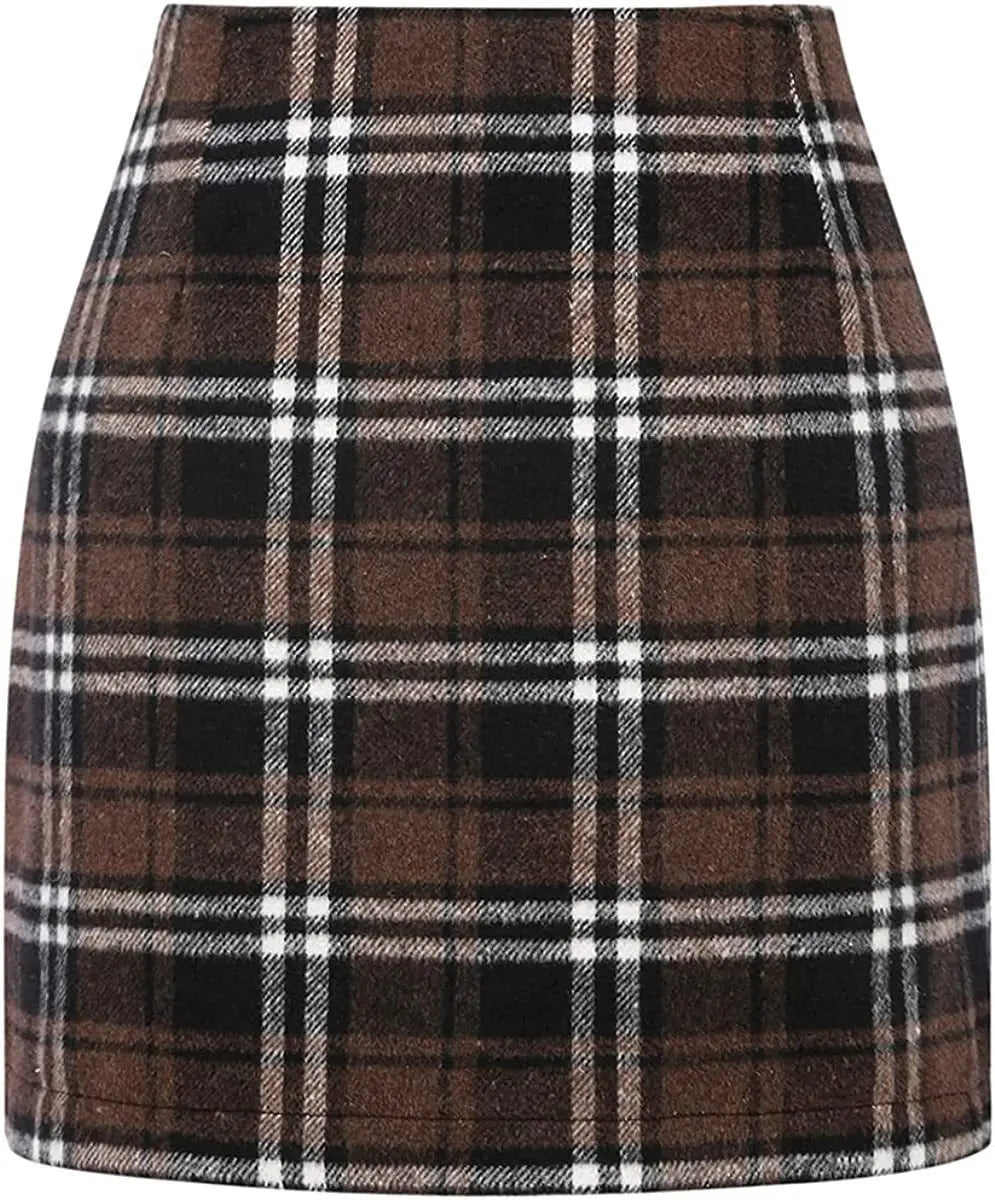 Women's High Waist Plaid Tight Pencil Wool Mini Skirt Lady T Fashions