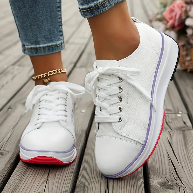 Women's Chunky Canvas Shoes, Non Slip Lace Up Casual Sneakers, Thick Sole Running Sports Shoes Lady T Fashions