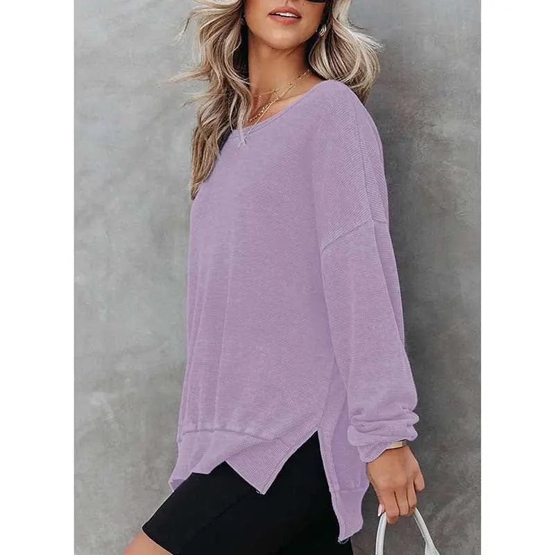 Womens Waffle Knit Crewneck Sweatshirts Long Sleeve Side Slits Casual Pullover Sweatshirt Tops Lady T Fashions