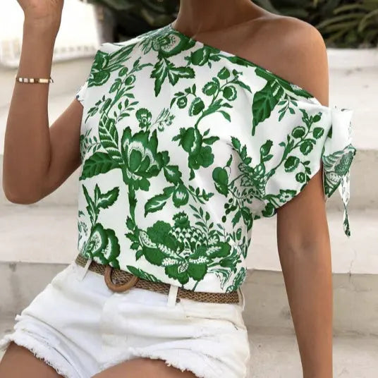 Ladies' Contrasting Flower Print Slanted Shoulder Collar Off Shoulder Holiday Casual T-shirt Top Lady T Fashions