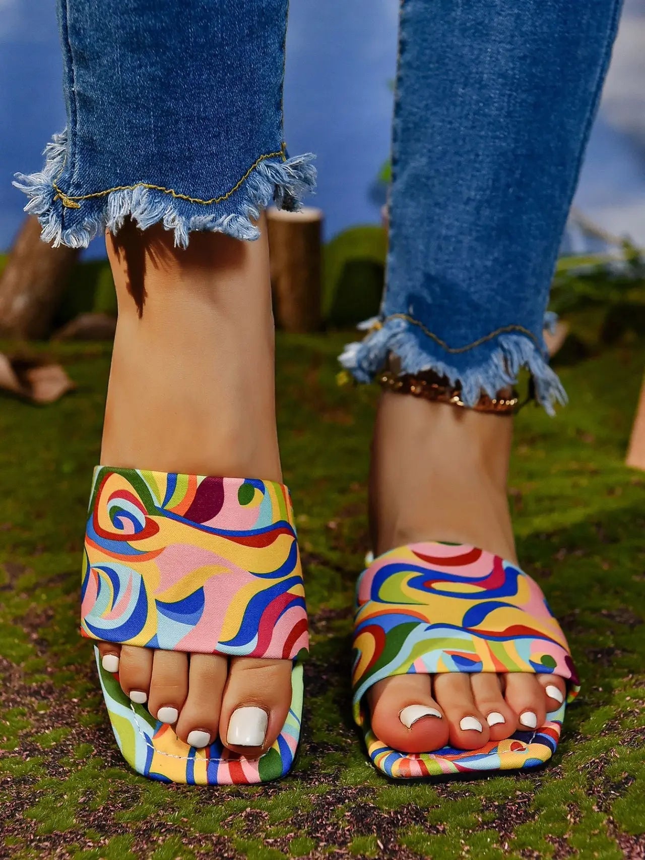 Graffiti Flat Slippers Outdoor Candy Color Square Toe Beach Sandals Lady T Fashions